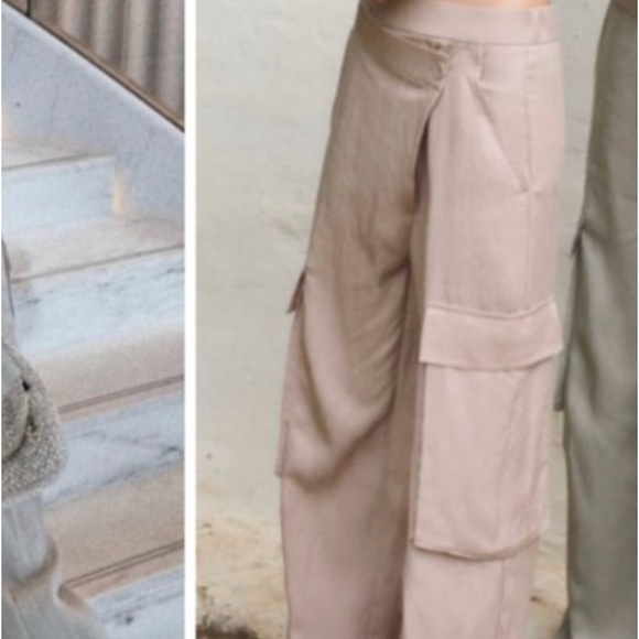 ZARA Dusty Rose Asymmetrical Elastic Waist Wide Leg Cargo Utility Pants - Picture 6 of 7